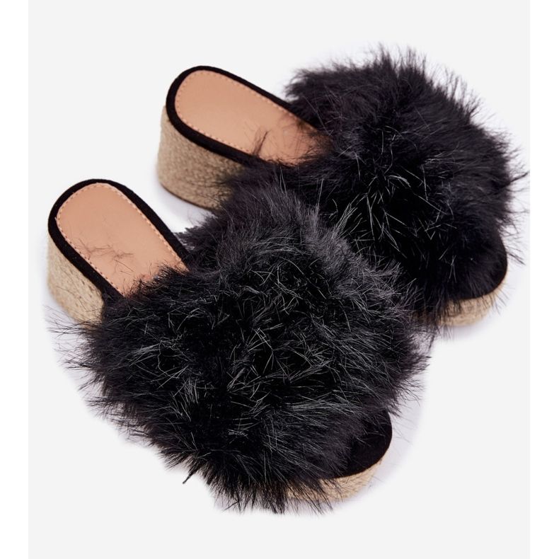 Infradito da donna con cuneo con pelliccia e treccia nera nero 2