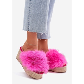 Zeppe femminili con cuneo con pelliccia e fucsia intrecciata rosa 1