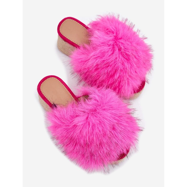 Zeppe femminili con cuneo con pelliccia e fucsia intrecciata rosa 2