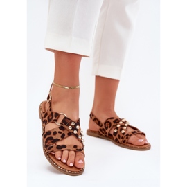 Boto Sandali da donna a copertura piatta con taps dorati stampa leopardo marrone 2
