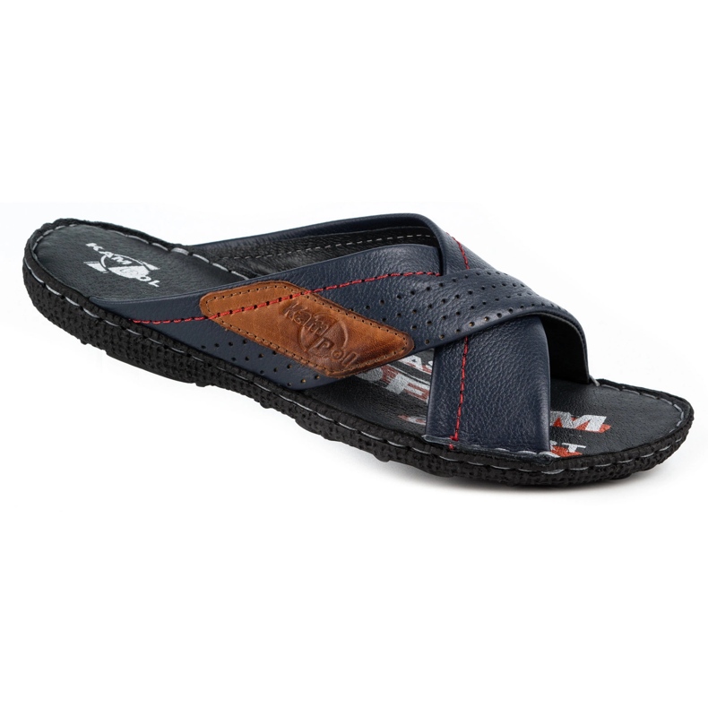 Kampol Pantofole da uomo in pelle 216KAM blu navy 3