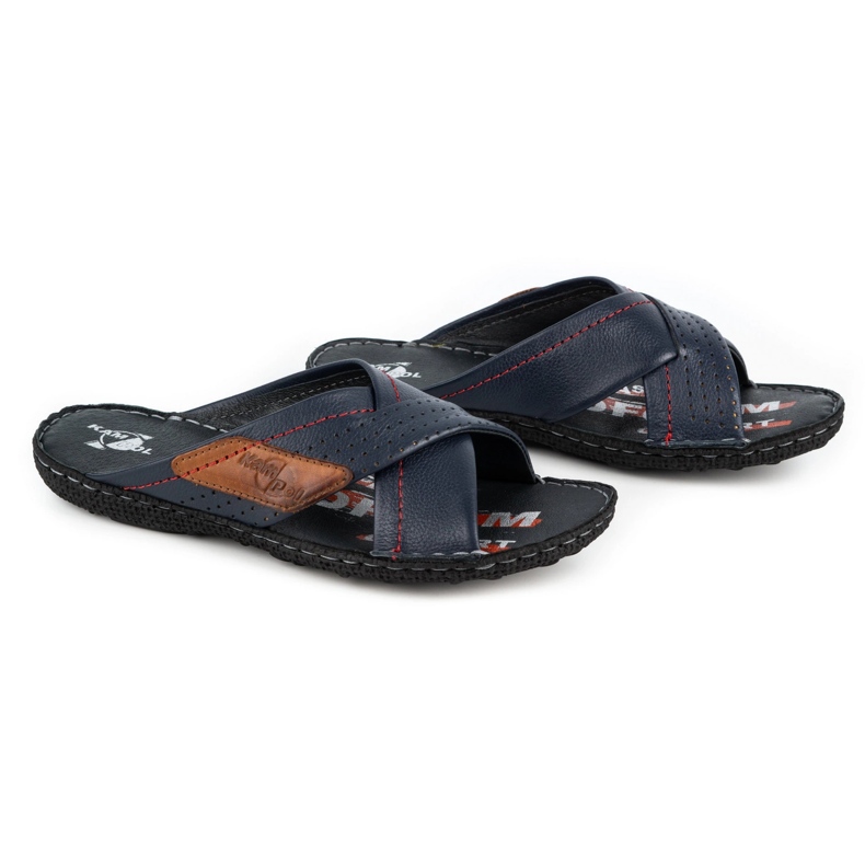 Kampol Pantofole da uomo in pelle 216KAM blu navy 4