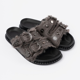 Shelvt Infradito grigi con pelliccia e borchie grigio 2