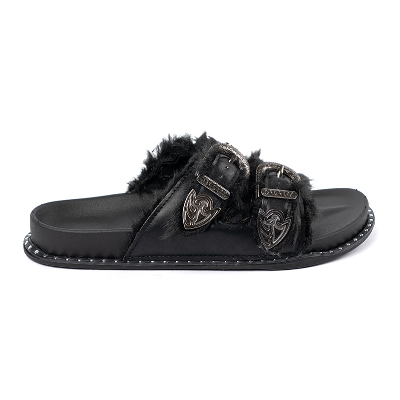 Shelvt Pantofole con pelliccia e fibbie nero 2