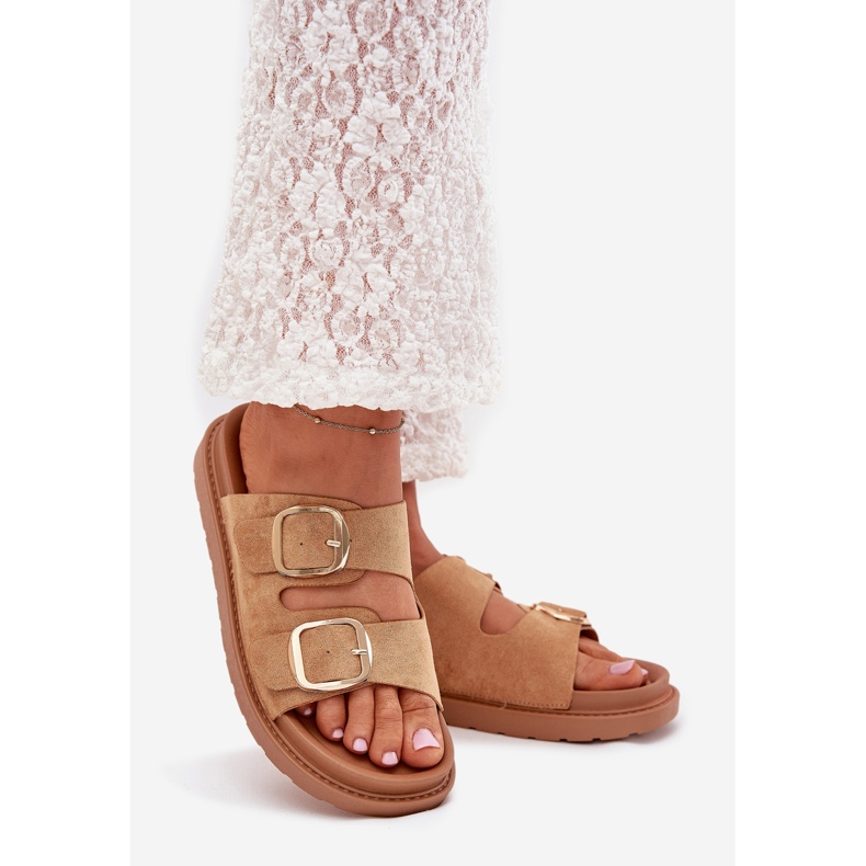 Boto Infradito da donna sulla piattaforma con fibbie in oro di cammello marrone 1