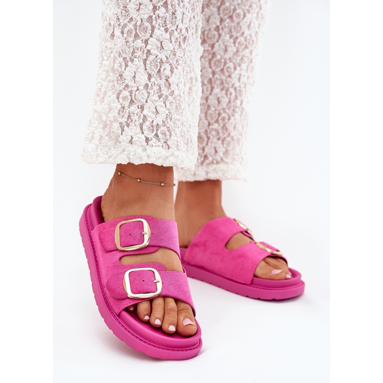 Boto Infradito da donna sulla piattaforma con fibbie dorate fucsia vena rosa 2