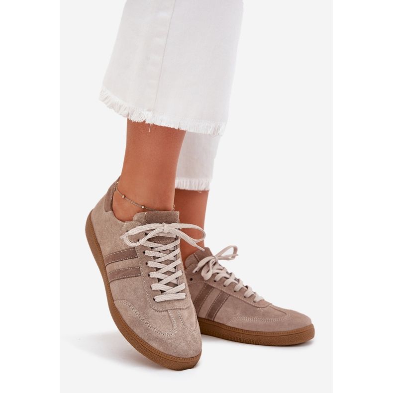 Zazoo N1068 Sneaker scure da donna in pelle scamosciata beige 1