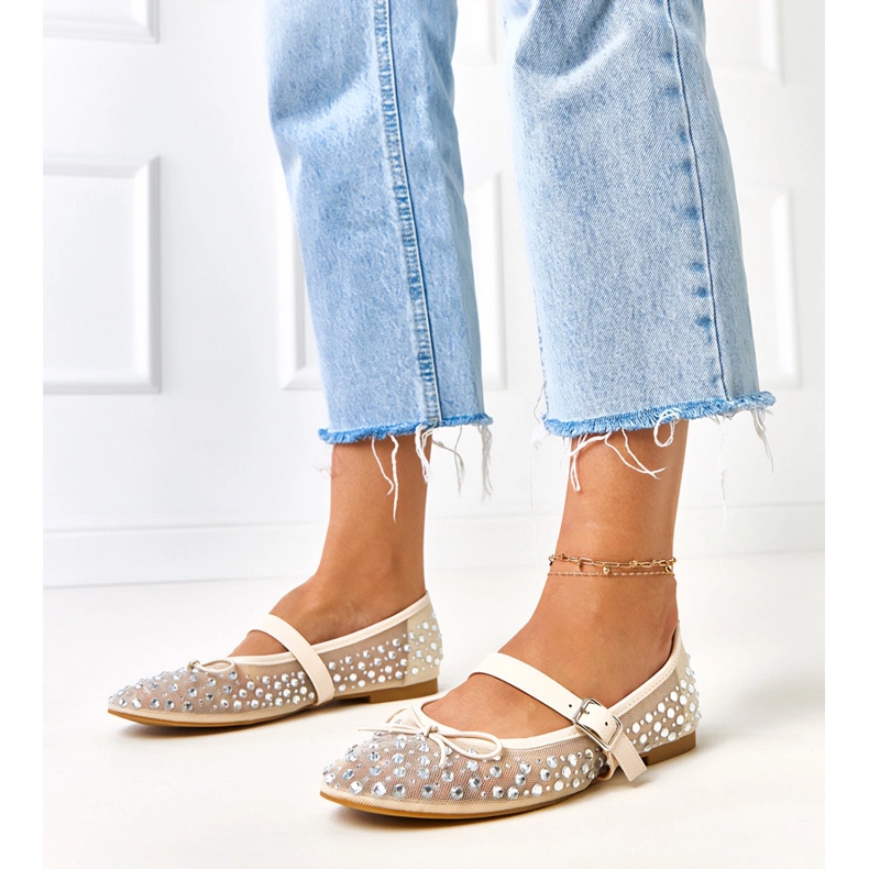 Ballerinas a maglie beige con cristalli elasidi 1