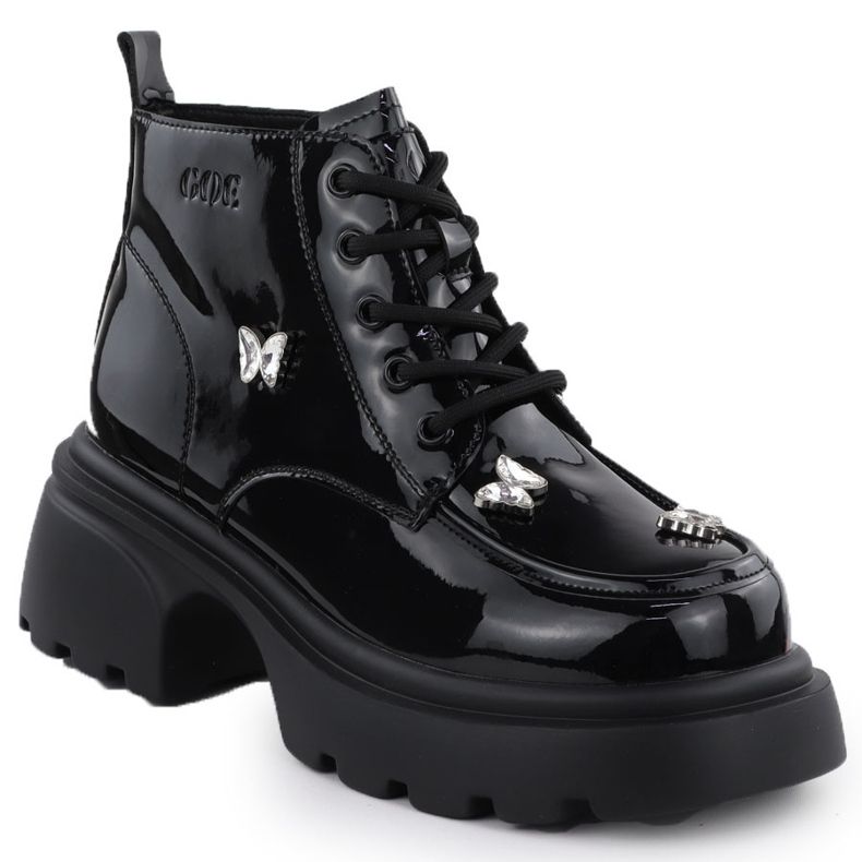 Stivali da donna in pelle sacche di verniciatura con farfalle Black Goe SS2N4102 1