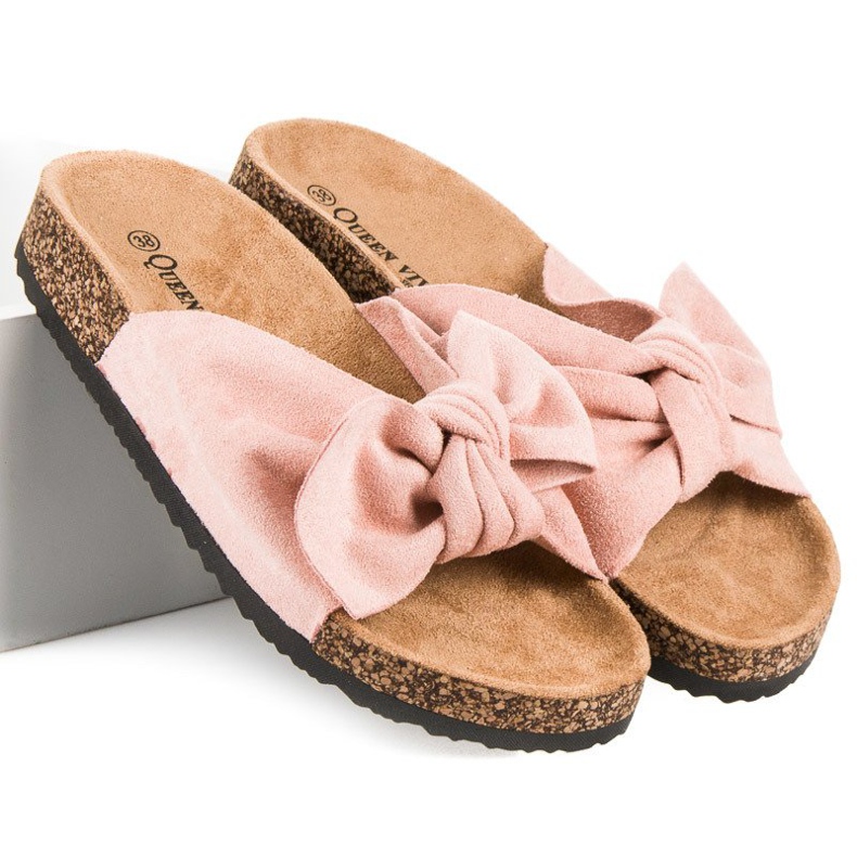Queen Vivi Ciabatte in camoscio con fiocco rosa 1