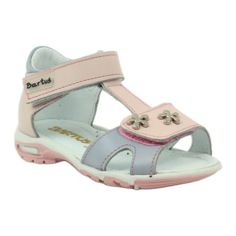 Sandali da ragazza in pelle per velcro 138 rosa bartuś grigio 1