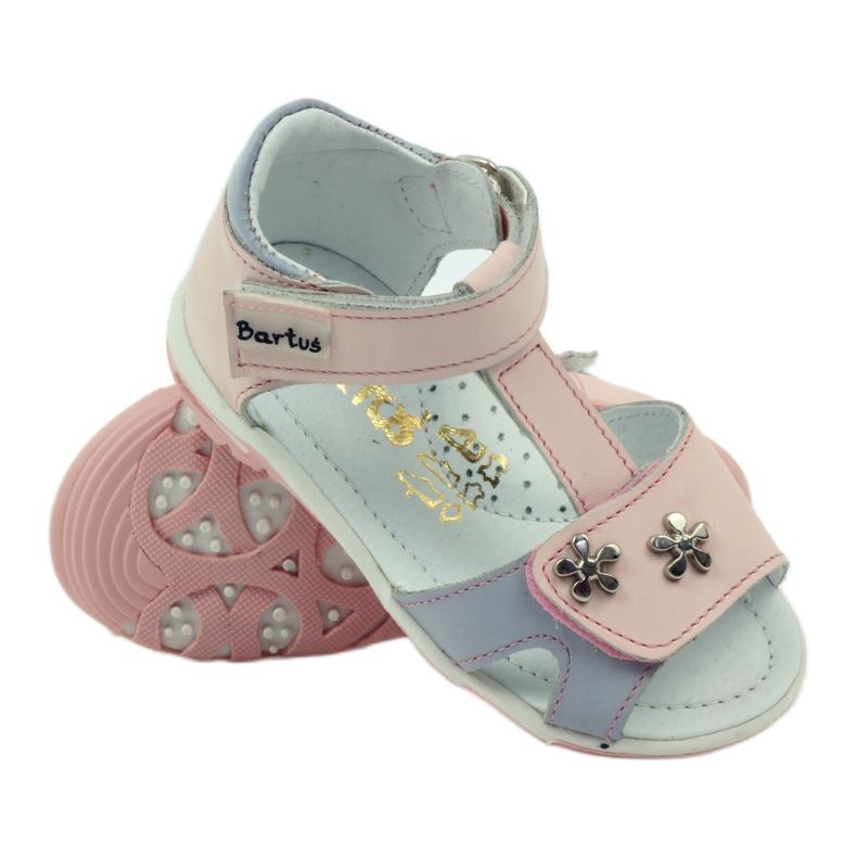 Sandali da ragazza in pelle per velcro 138 rosa bartuś grigio 3