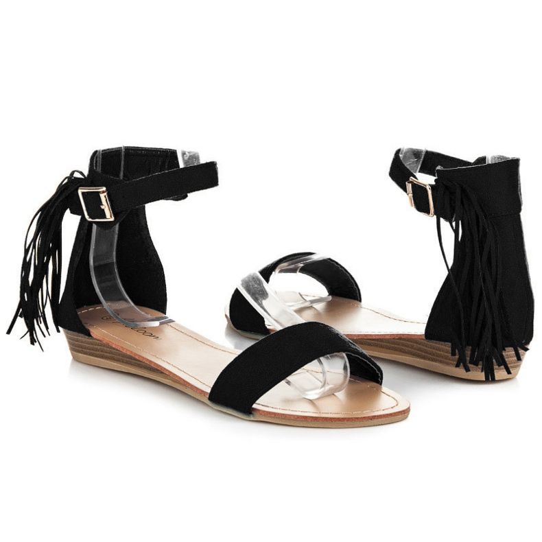 Abloom Sandali in camoscio con frange nero 1
