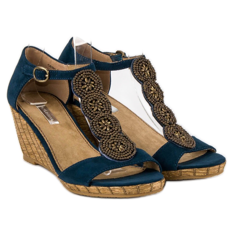Corina Sandali con zeppa decorativi blu 1