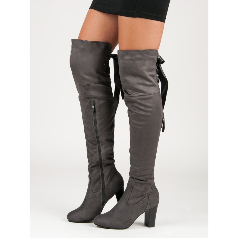 Forever Folie Eleganti stivali alti alla coscia con tacco alto grigio 1