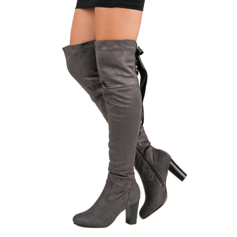 Forever Folie Eleganti stivali alti alla coscia con tacco alto grigio 2