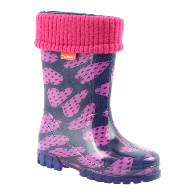 Stivali da pioggia per bambini Demar cuori calzini caldi rosa blu navy 1