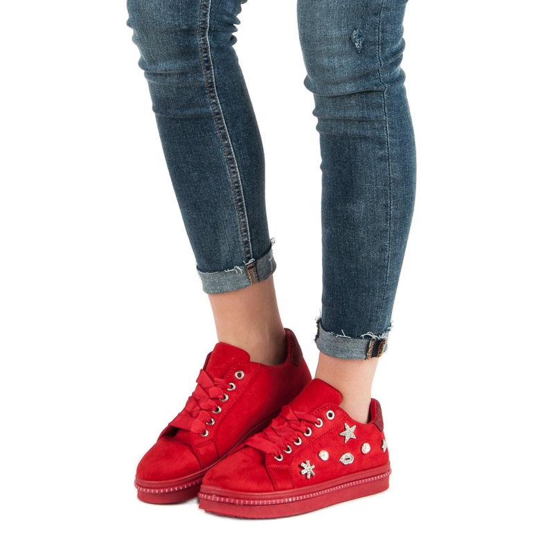 Sneakers In Camoscio Con Strass rosso 2