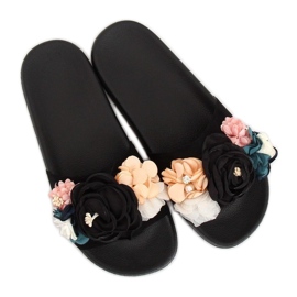 Nero BG19 Pantofole nere con fiori 1