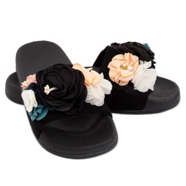 Nero BG19 Pantofole nere con fiori 2