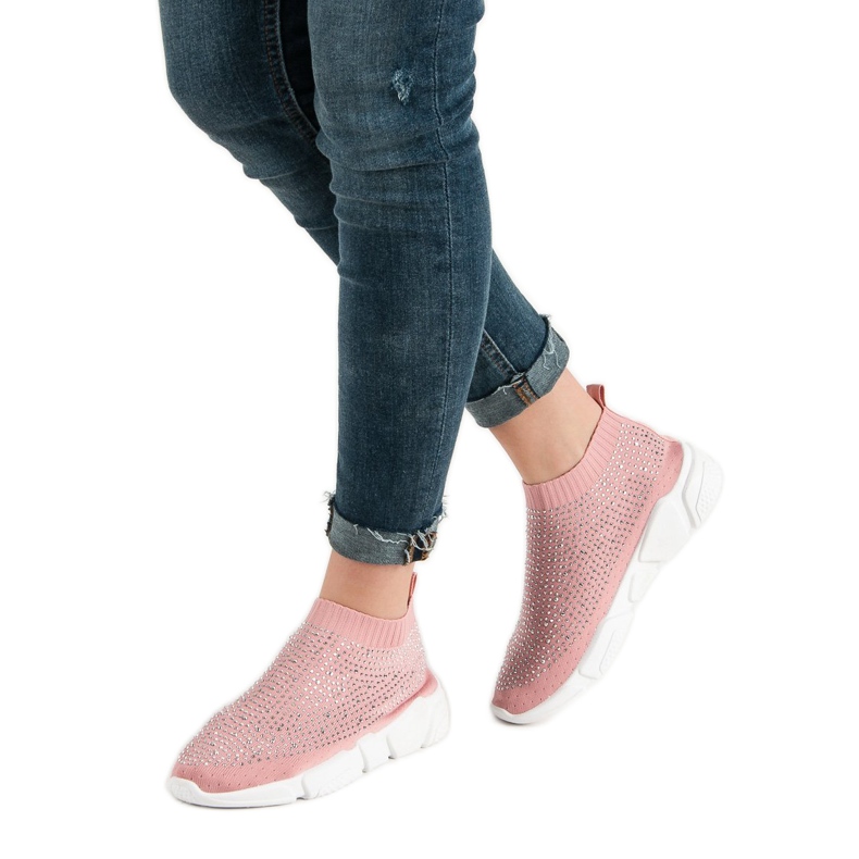Scarpe sportive in tessuto con cristalli rosa 2