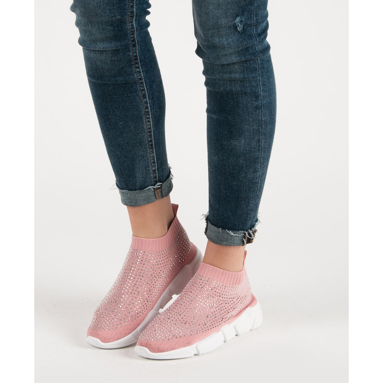 Scarpe sportive in tessuto con cristalli rosa 1