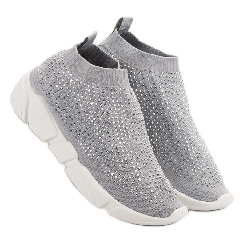Scarpe sportive in tessuto con cristalli grigio 2