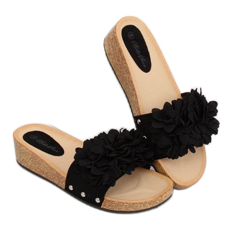 Nero S63 Pantofole nere con fiori 1