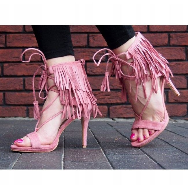 Sandali su tacco alto con frange Boho 8125 Pink rosa 1