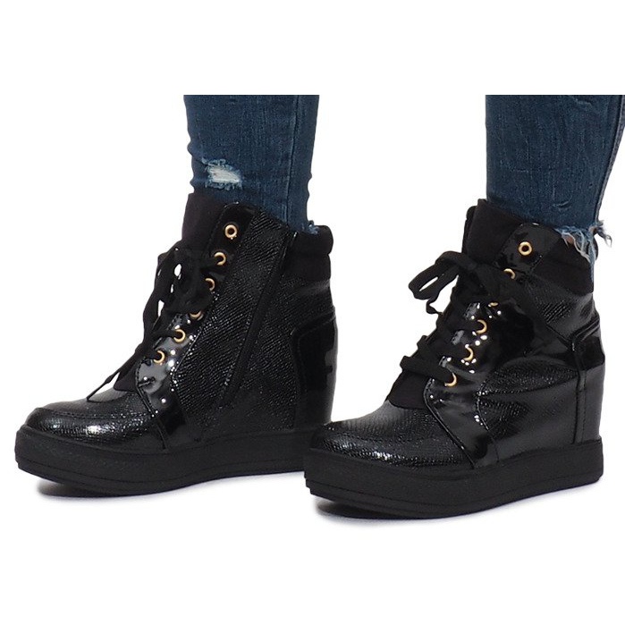 Sneakers laccate nere sulla zeppa Snake nero 2