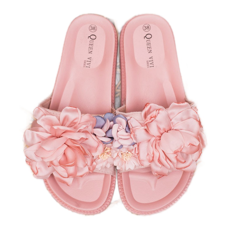 Queen Vivi Ciabatte In Camoscio Con Fiori rosa 2