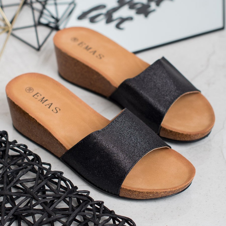 SHELOVET Pantofole con zeppa glitterate nero 1