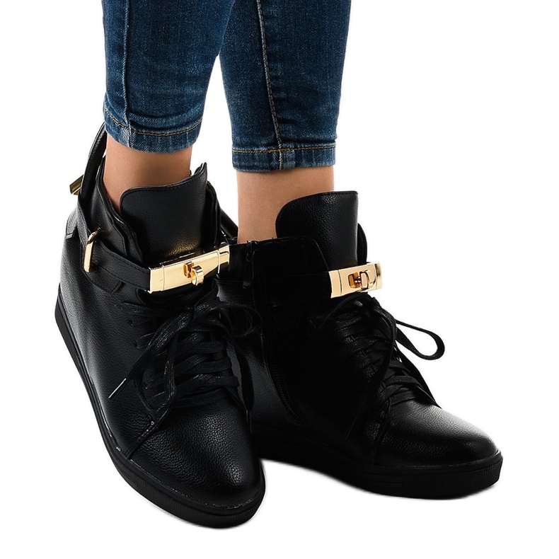 Sneakers nere con zeppa con fibbia H6600A nero 2