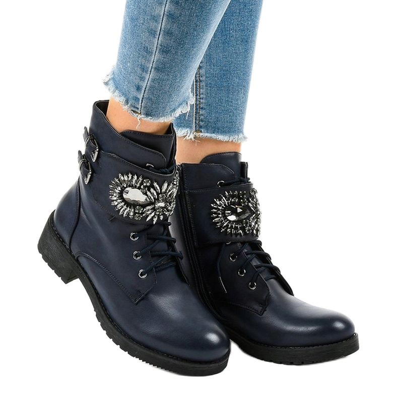 Stivali blu navy da donna con fibbia e diamanti 0-251 1