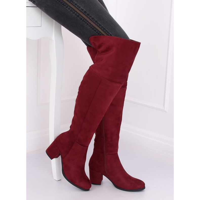 8B965 Stivali con tacco basso bordeaux vino rosso 2