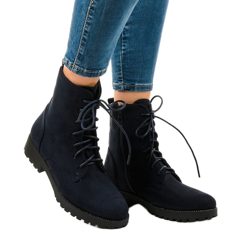 Stivali stringati in camoscio blu navy C-7192 1