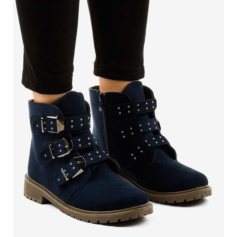 Stivali flat in camoscio blu navy con fibbie TL95-2 1