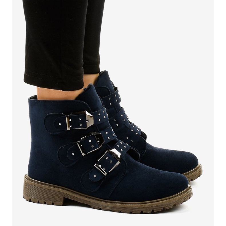 Stivali flat in camoscio blu navy con fibbie TL95-2 2