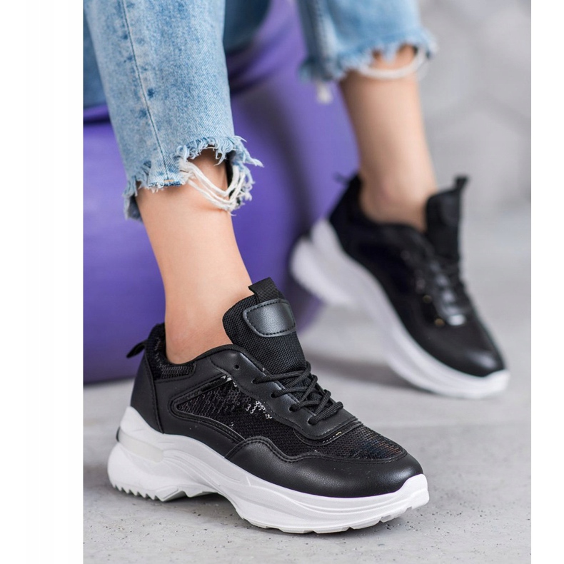 SHELOVET Sneakers alla moda con paillettes nero 2