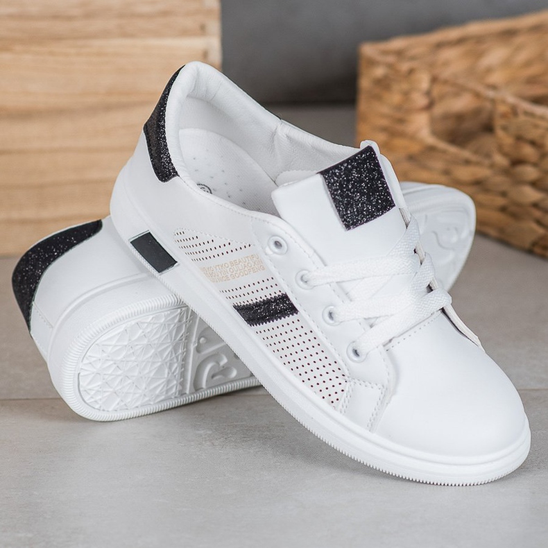 SHELOVET Scarpe sportive bianche con glitter bianca nero 1