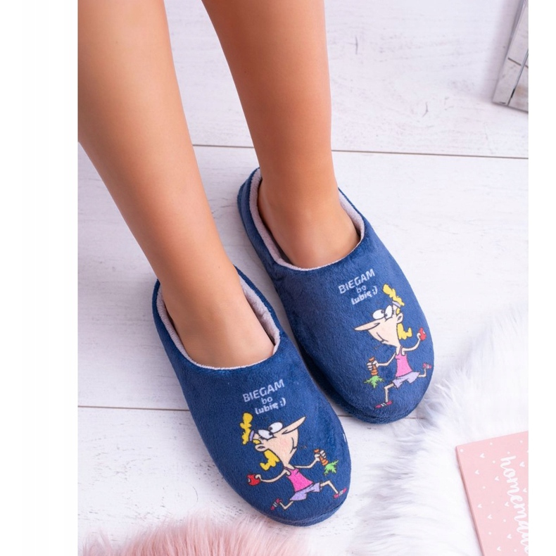 Pantofole blu navy da donna Dreex Plush I Run because I Like Mi piace 1