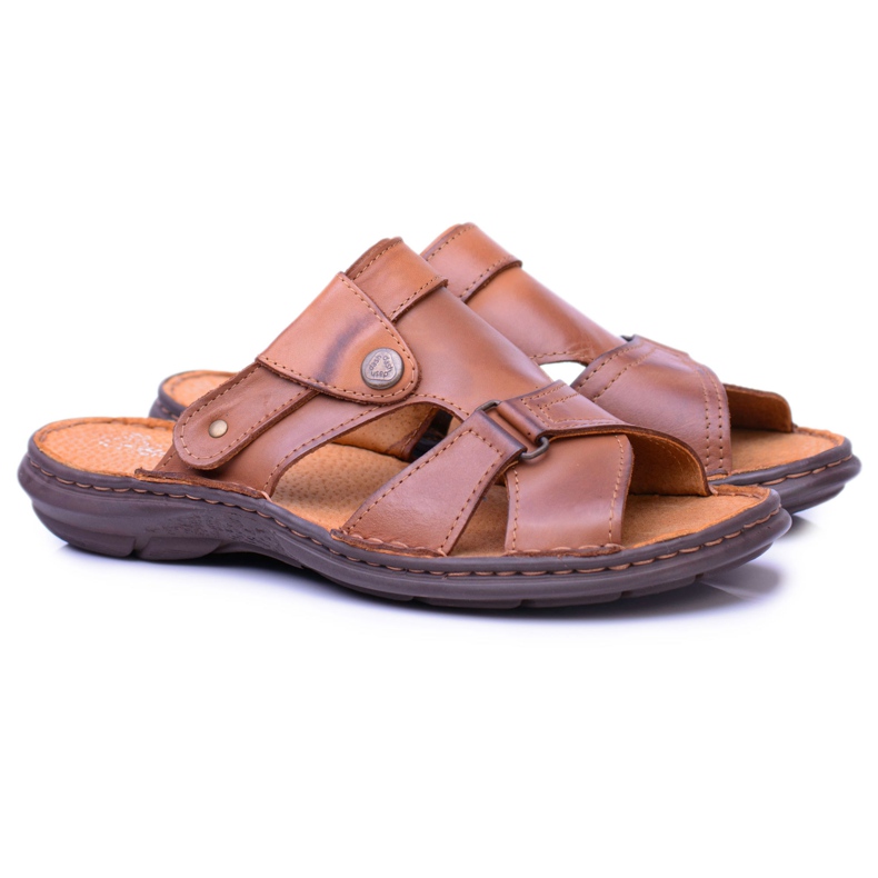 Polbut Pantofole da uomo marroni Sandali Hideki in pelle marrone 1