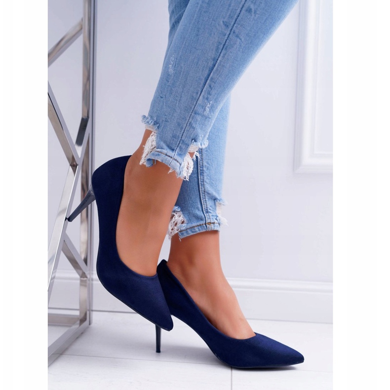 FB1 Scarpe con tacco a spillo da donna in pelle scamosciata in Spitz blu navy crema 2
