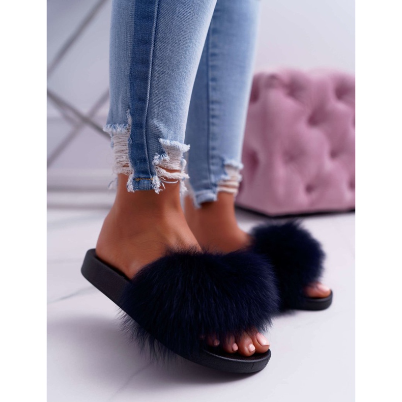 Ciabatte da Donna con Pelliccia Naturale Naturis Navy Blue blu navy 1