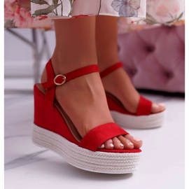 BUGO Sandali Da Donna Con Zeppa In Lino Rosso Liviana 1