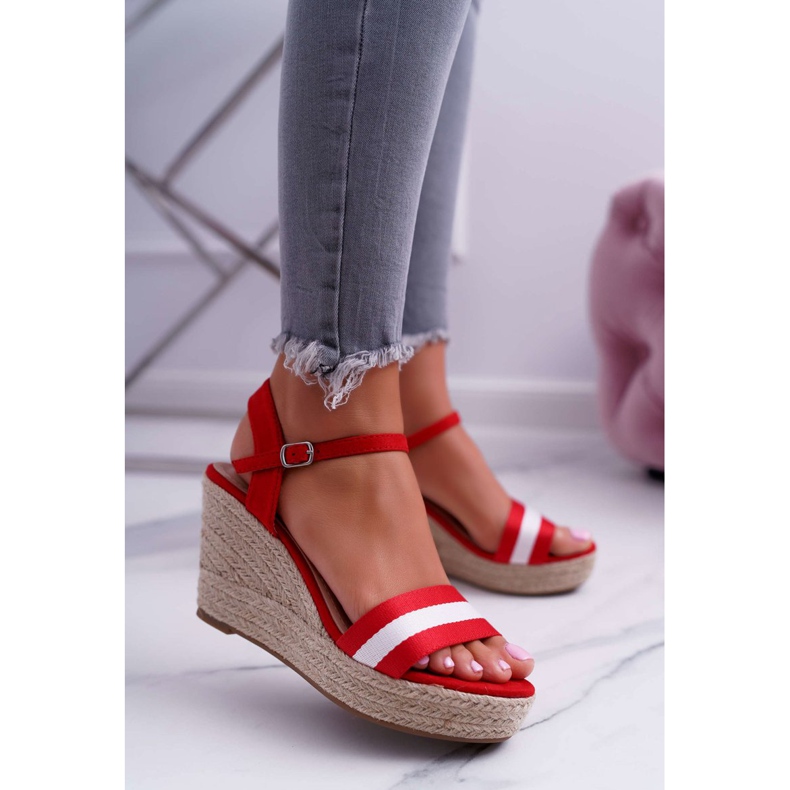 BUGO Sandali da donna con zeppa in lino rosso Renew 1