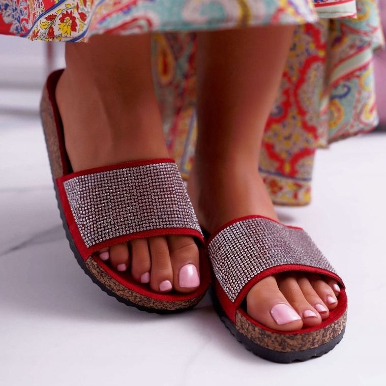 PS1 Pantofole Da Donna Su Sughero Con Cristalli rosso 2