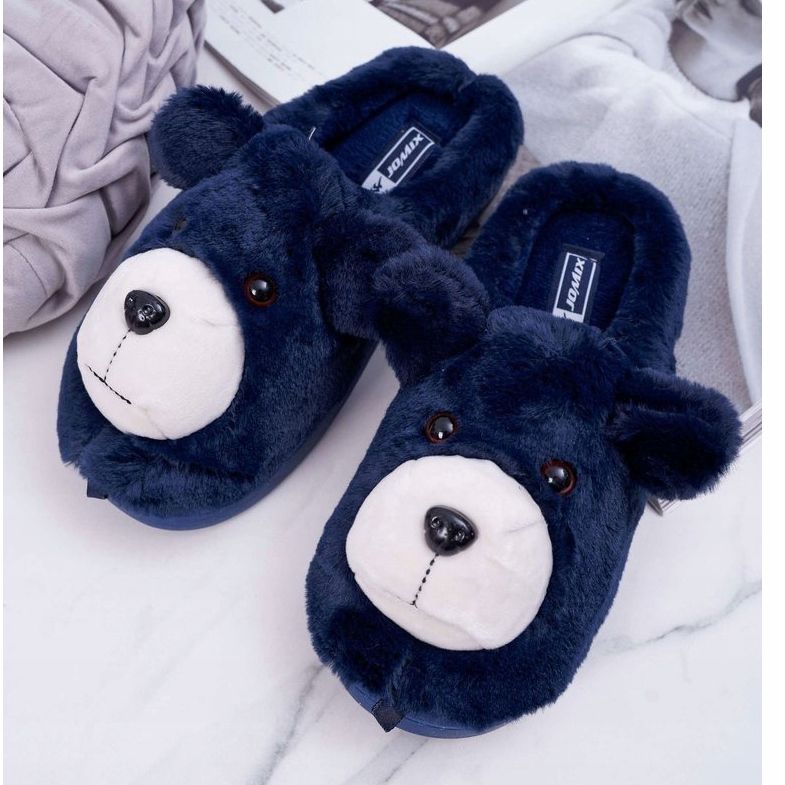 BUGO Pantofole da donna con pelliccia di orsetto blu navy 1