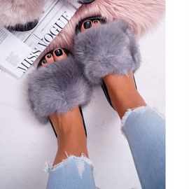 Pantofole da Donna con Pelliccia Grigie e Nere nero 1