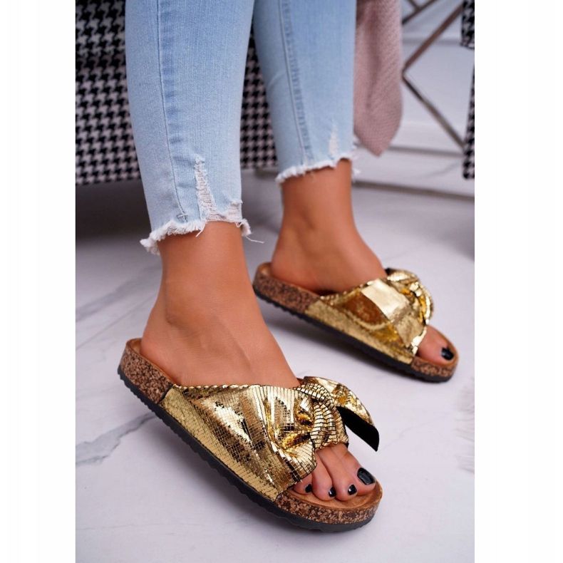 Pantofole da donna con fiocco Metallics dorati d'oro 1